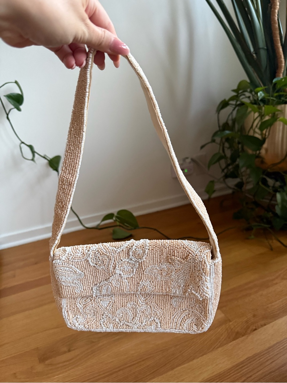 ANTHROPOLOGIE Beaded Floral Shoulder Bag in Pale Pink/Cream